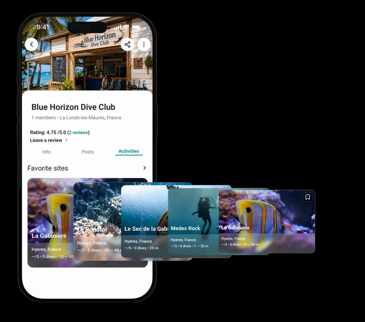 Dive spots offered by a club on its Scubbl profile